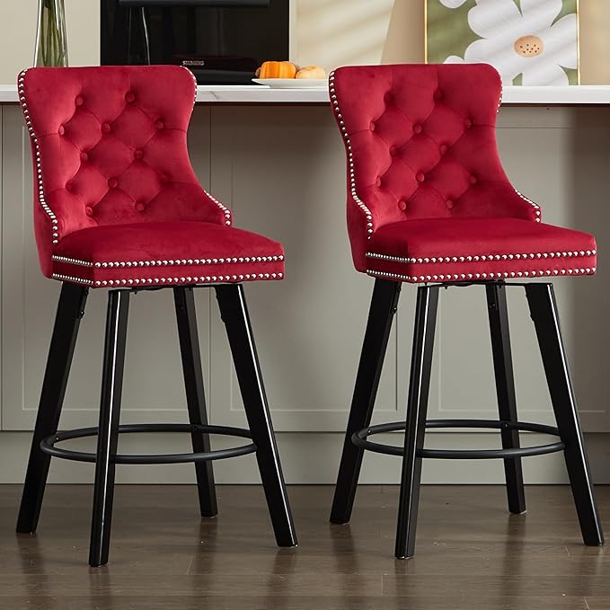 YISHENG Modern Swivel 27" H Seat Set of 6 Velvet Barstools with Backrest and Footrest,Button Tufted Rivet Trim Dining Room Chairs with Metal Pull Ring for Kitchen Island，Bistro, Home Bar，Red