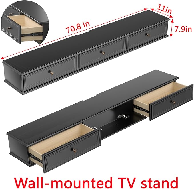 70-inch Wall-Mounted TV Stand, Accommodates 50- to 75-inch TVs, Features Hidden Cable Management, high Weight Capacity, and Space-Saving Black Floating TV Stand