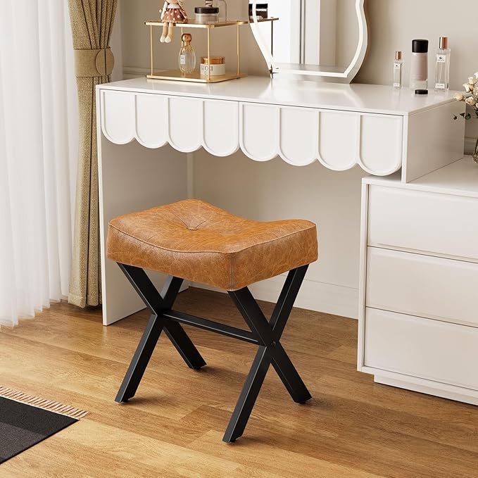 18-Inch Leather Vanity Stool Chair, Vanity Bench with Metal X-Leg, Ottoman Accent Stool with Thick Padded Saddle Seat, Brown