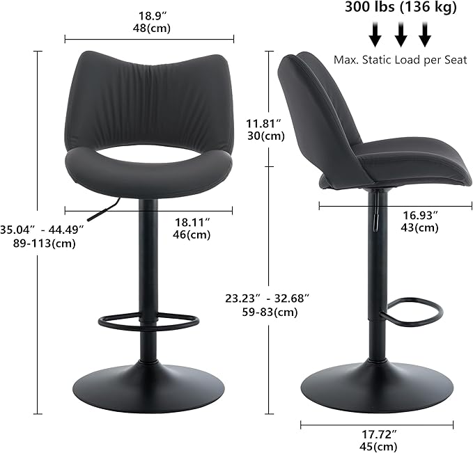 YOUNIKE Modern Bar Stools Set of 2, Black PU Leather Upholstered Barstools, Swivel Adjustable Armless Counter Stool, Ergonomic Hollow Mid Backrest Bar Chair for Kitchen Island, Home Bar Counter