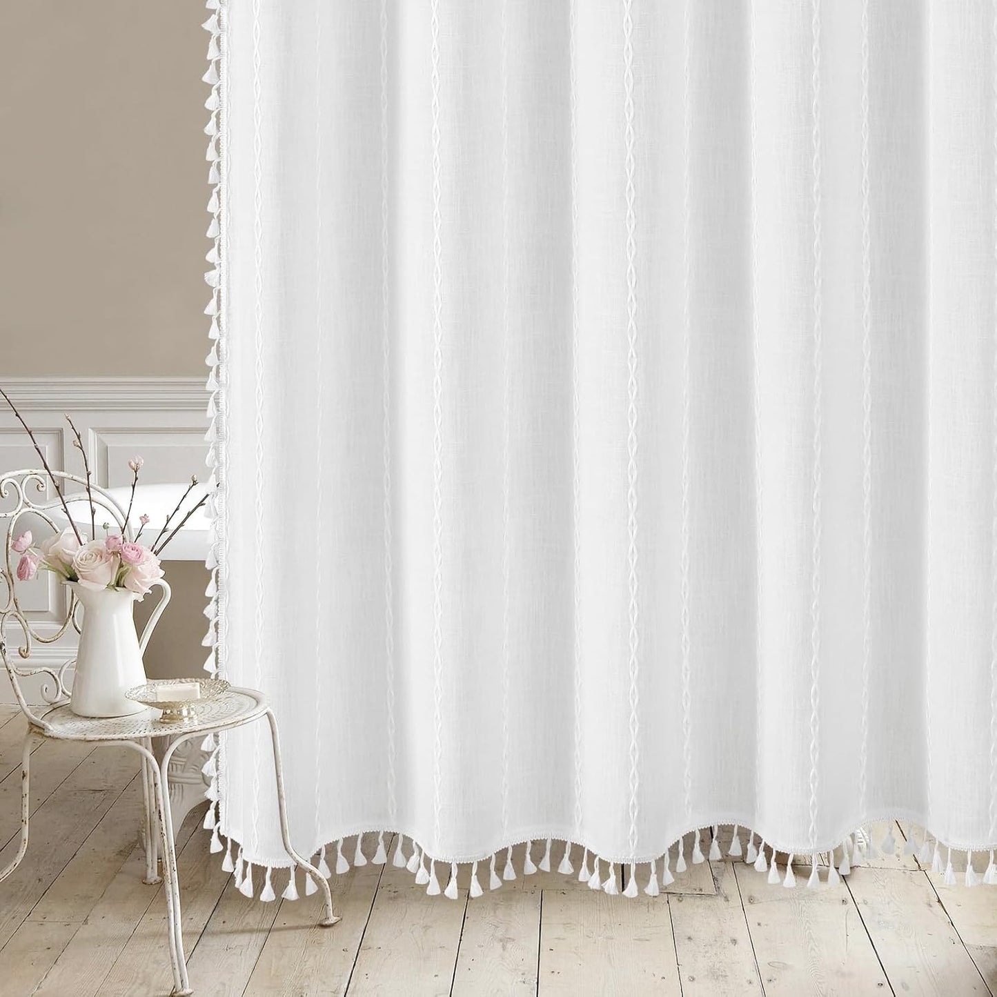 MitoVilla Boho Farmhouse Shower Curtains for Modern Farmhouse Bathroom Decor, White Country Thick Polyester Linen Fabric Shower Curtain, Rustic Tassel Cloth Shower Curtain, 72 x 72, White