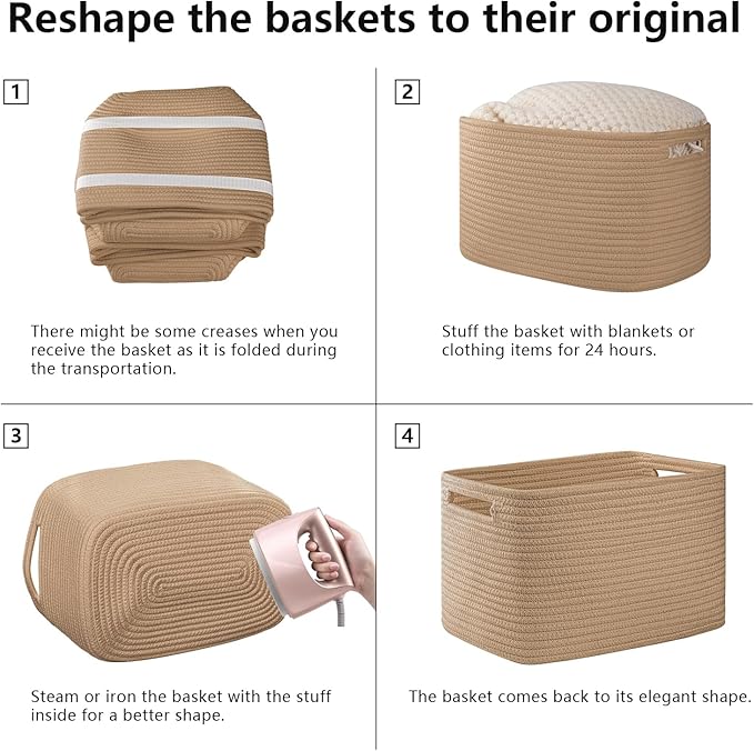 OIAHOMY 4 Pack Storage Baskets for Organizing, Cube Storage Bins for Shelves, Rectangle Storage Baskets With Handles, Woven Baskets for Storage, 12.7''Lx9''Wx7.8''H, Yellow