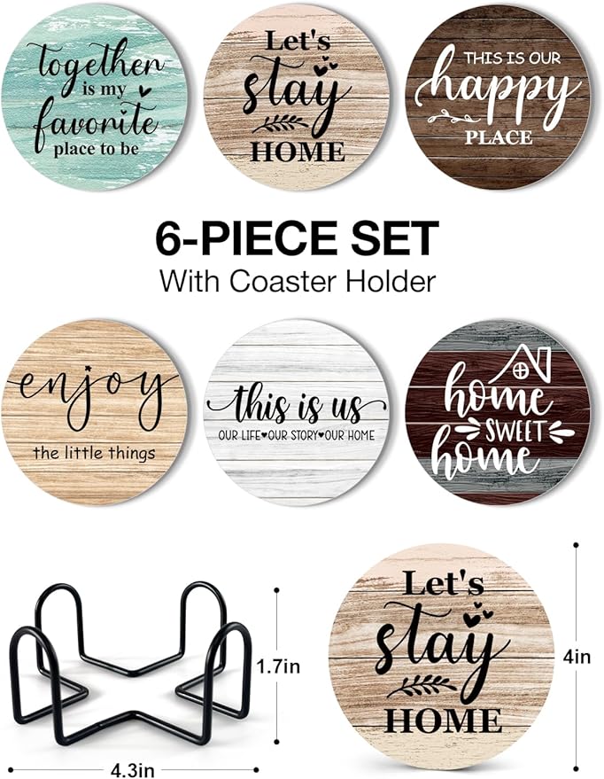 Funny Home Sweet Home Coasters for Drinks - Farmhouse Coffee Bar Coasters Set of 6 with Holder, Home Kitchen Decor Accessories, House Warming Gifts for Woman Coffee Lovers