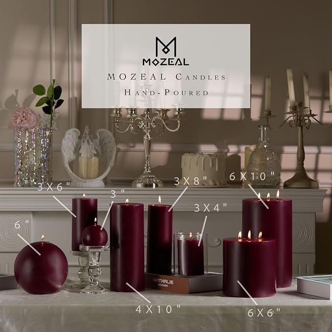 MOZEAL Hand-Poured, 6 Inch Burgundy Large Round Ball Candles - Elegant Burgundy Round Pillar Candles, Dripless, Unscented, Smokeless, Ideal for Intimate Gatherings.