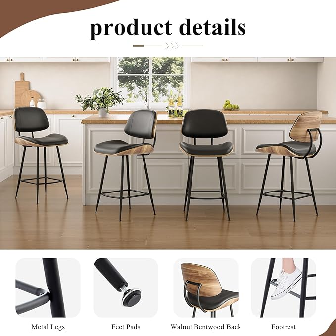 Mid Century Modern Bar Stools Set of 3, PU Leather Counter Height Stools with Walnut Bentwood Back & Metal Legs, 26.7" Barstools Kitchen Island Chairs with Footrest for Home Bars, Black