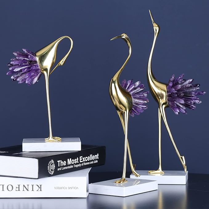 Gold Decor Accents,Brass Birds Statues Gold Home Decor Modern Crystal Decor Ornaments for Living Room, Bedroom, Office Desktop, Cabinets (Purple C)