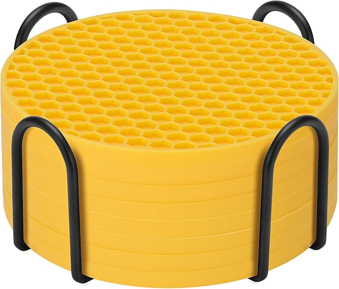 Silicone Coasters Set of 8 with Holder, Drinks Coasters, Beer & Coffee, Suitable for All Cups, Hot or Cold, Anti-Slip, Non-Stick, Anti-Overflow Tabletop Protection and Decor (8 Pcs, Yellow)