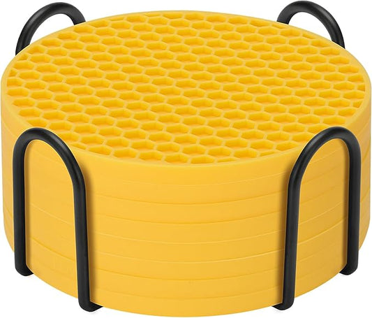 Silicone Coasters Set of 8 with Holder, Drinks Coasters, Beer & Coffee, Suitable for All Cups, Hot or Cold, Anti-Slip, Non-Stick, Anti-Overflow Tabletop Protection and Decor (8 Pcs, Yellow)