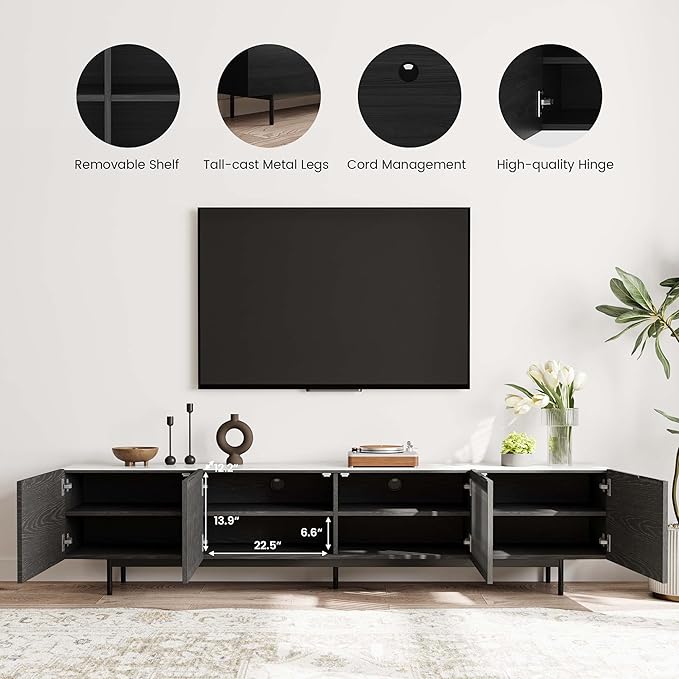 POVISON Mid Century Modern Sintered Stone TV Stand, Slatted Media Console TV Cabinet with Tall-cast Metal Legs, Fluted Entertainment Center with Storage, Fully-Assembled (Black, 78.74")