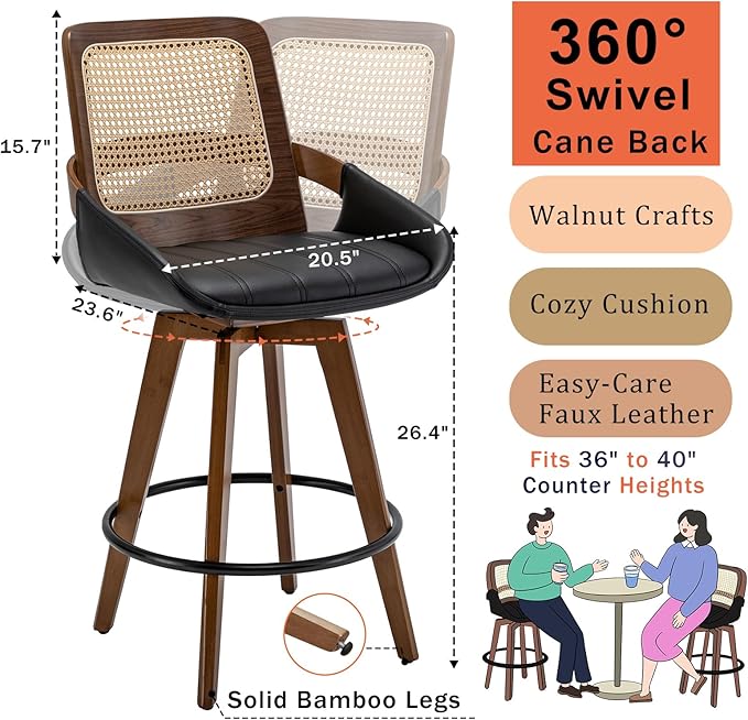 Set of 4 Counter Height Bar Stools - 26.4 inch Swivel Counter Stools with Cane Back, Upholstered Seat, Curved Arms, Rattan CounterStools for Island/Pub/Kitchen/Cafe (26" Seat Height, Black)