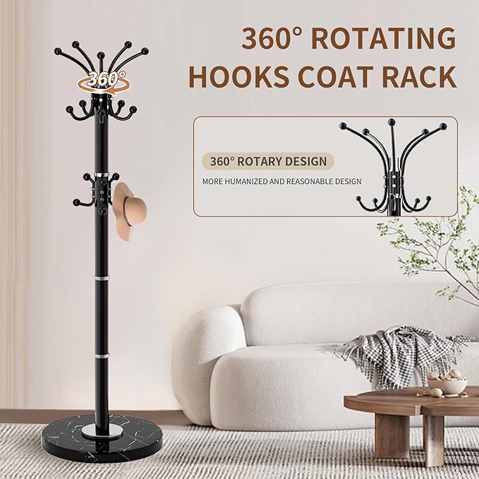 Modern Metal Coat Rack Stand, Coat Rack Freestanding with Natural Marble Base, 360°Rotary Design Sturdy Coat Racks with 16 Hooks, White Coat Hall Tree Stand for Entryway (Black)