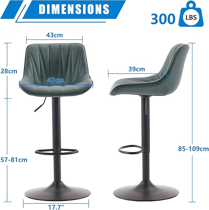 YOUNIKE Bar Stools Set of 2 for Kitchen Island, Greyblue Swivel Tall Barstools, Adjustable Bar Stool with Back, Leather Padded Bar Chairs, Modern Counter Height Stools with 300LBS Support