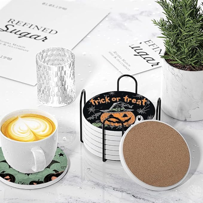 Halloween Drink Absorbent Coasters with Holder Set of 6, Ceramic Stone with Cork Base, Vintage Pumpkin Coaster for Drinks, Gift for Housewarming Room Bar Home Decor Kitchen