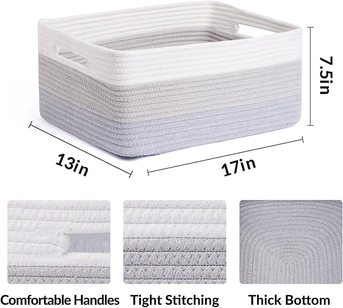 Large Storage Baskets for Shelves, Closet Organizers Bins for Clothes Blanket Towels, Baby Nursery, Toy Baskets Box, Woven Rope Baskets, 17 x 13 x 7.5”, 3 Packs Gradient Grey