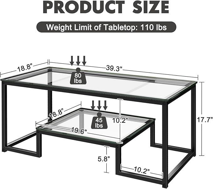 Coffee Table Black Glass Coffee Table for Living Room,2 Tiers Rectangle Center Table with Sturdy Metal Frame,Modern Tempered Glass Accent Table for Bedroom Home Office