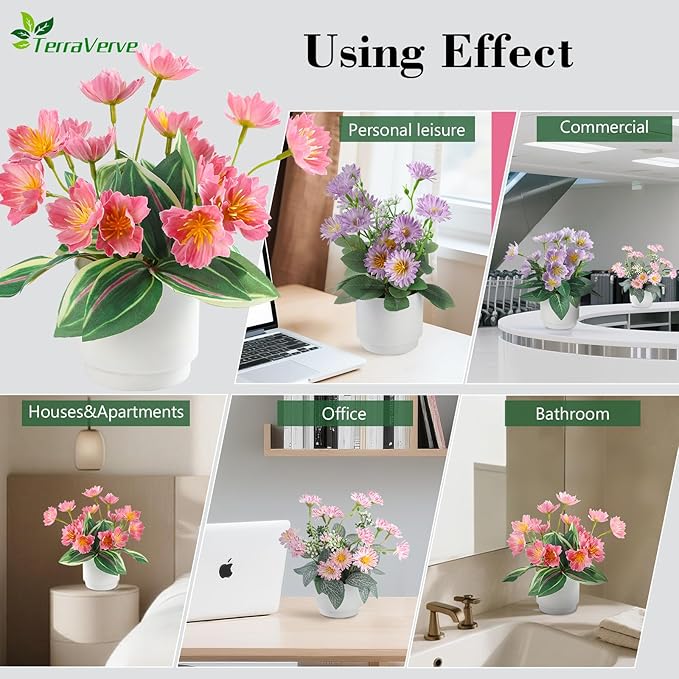 4-Piece Silk Fake Flowers Set | Artificial Plants Indoor for Living Room, Bedroom, Bathroom & Office Decor | Low Maintenance Fake Plants | Boho Style Plants Decor, Home & Bedroom Décor