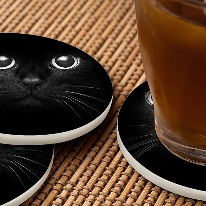 Black Cat Eyes in Dark Coasters for Drinks Lonely Black Kitten Closeup Look Cool Domestic Breed Pet for Tabletop Protection Coffee Table Living Room Kitchen Office Home Decor 2 Pcs,4 Inch