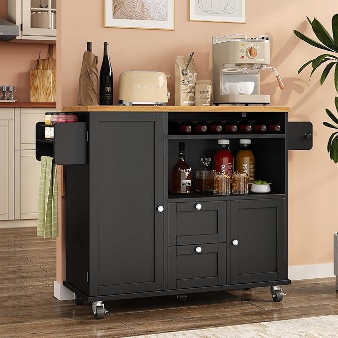 Rolling Kitchen Island with Storage Cabinet, 41.3'' Width Kitchen Cart with Desktop Drop Leaf Countertop, Portable Mobile Kitchen Island with Towel Rack, Spice Rack Shelf and Lockable Wheels, Black