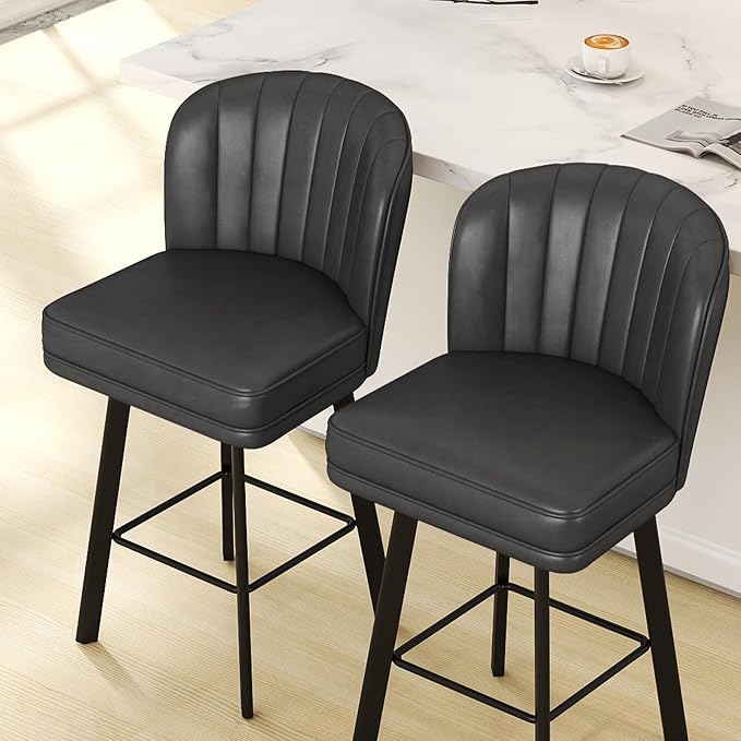 Swivel Counter Height Bar Stools Set of 2, 26'' Modern Barstools with Backs and Metal Legs, Upholstered Bar Chairs, Faux Leather Black Stools for Kitchen Island Chairs