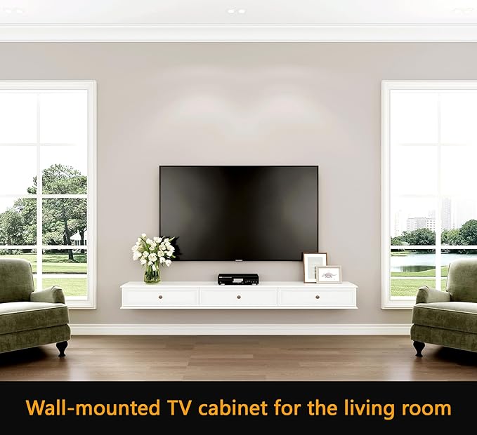 70-inch Wall-Mounted TV Stand, Accommodates 50- to 75-inch TVs, Features Hidden Cable Management, high Weight Capacity, Space-Saving White Floating TV Stand