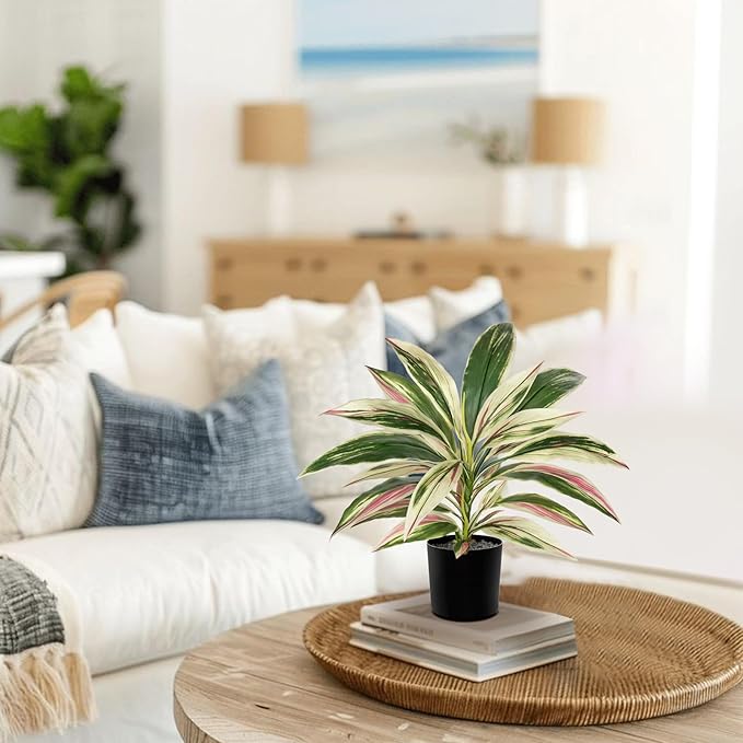 Oairse Artificial Plants Indoor with Pot, 18" Fake Potted Plants Medium Artificial Dracaena Plant in Black Pot Faux Tropical Plants for Bathroom Living Room Office Desk Shelf Decor