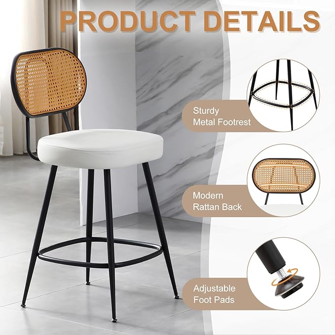 26" Rattan Barstools Set of 2, Counter Height Bar Chair with Black Metal Legs, Modern Armless PU Leather Pub Chair,Adjustable Feetpads Stools for Home Counter,Kitchen Dining Island,Cafe(White)