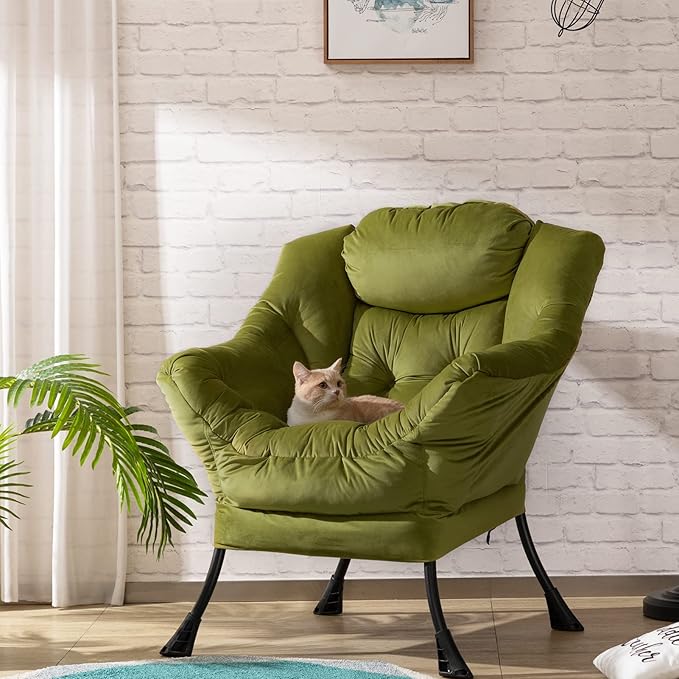 HollyHOME Modern Fabric Large Lazy Chair, Accent Oversized Comfy Reading Chair, Thick Padded Cozy Lounge Chair with Armrest, Steel Frame Leisure Sofa Chair for Living Room, Bedroom, Dorm, Army Green