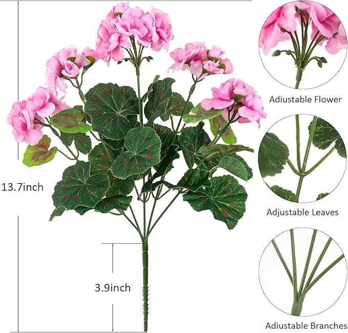 4PCS Home Decor Fake Plants Artificial Flowers Artificial Geraniums Outdoor Fake Flowers Artificial Flowers Fake Silk Bouquet, Fall Decor for Interior Porch Garden Decoration (Pink) 14.4"