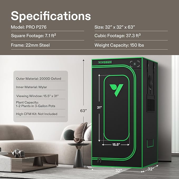 VIVOSUN P276 32"×32"×63" PRO Grow Tent, with Thick 1 inch Poles, Strengthened High Reflective Mylar Oxford Fabric & Extra Hanging Bars for Hydroponics Indoor Plant for AeroLight A150, No High CFM Kit