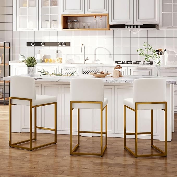 Sophia & William Counter Height Bar Stools Set of 3, White and Gold Bar Stools for Kitchen Island