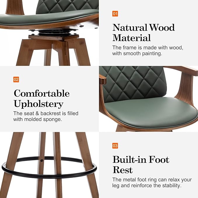 Counter Stools Set of 2, Upholstered Faux Leather Counter Height Bar Stools, Swivel Counter Chairs with Wooden Arms and Legs (Green, 26" Seat Height)