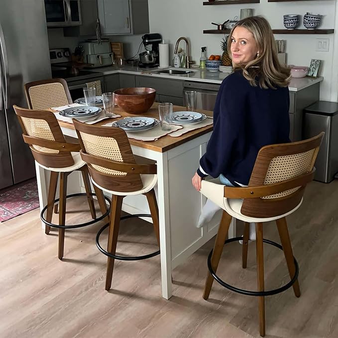 Set of 3 Counter Height Bar Stools - 26.4 inch Swivel Counter Stools with Cane Back, Upholstered Seat, Curved Arms, Rattan CounterStools for Island/Pub/Kitchen/Cafe (26" Seat Height, Black)