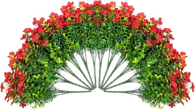 Artificial Fake Mums Plants Flowers for Outdoor Outside Fall Autumn, 12 Bundles Faux Silk Red Daisy UV Sun Resistant Look Real for Porch Patio Home Window Box Yard Planter