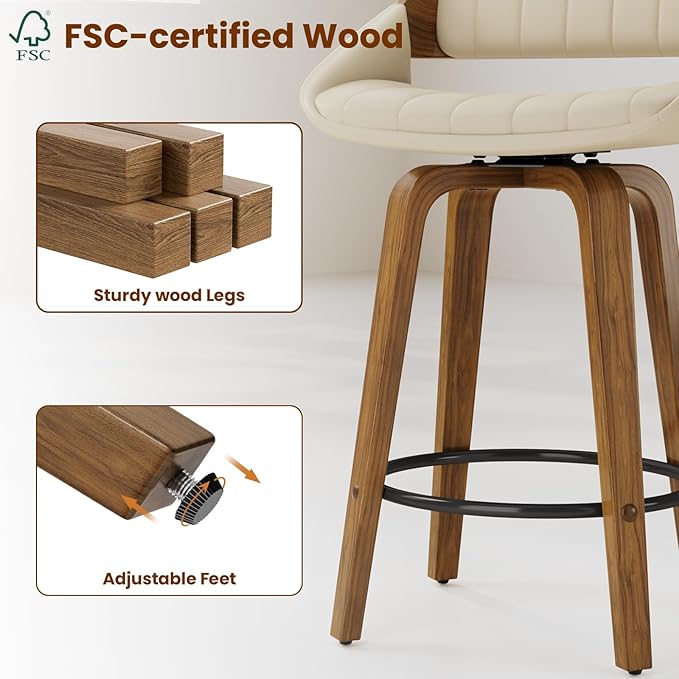 Bar Stools Set of 1, 26" Swivel Counter Height Barstools with Walnut Bentwood Back and Legs, Mid-Century Modern Faux Leather Upholstered Cream Bar Chairs for Kitchen Island, Café, Dining Room, Beige