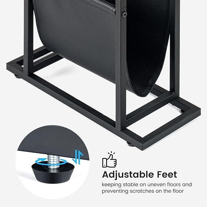 Narrow Side Table with PU Leather Magazine Holder Rustic Slim Little Thin Table for Living Room, Bedroom, Sofa, Grey