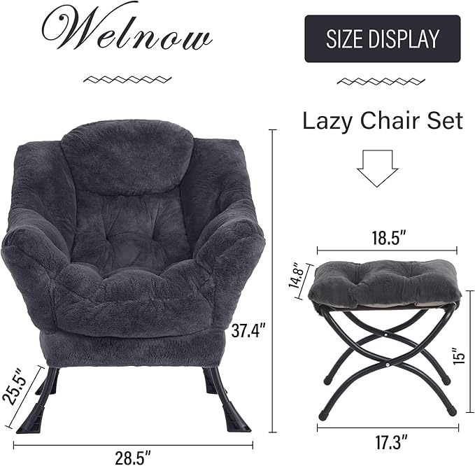 Welnow Lazy Chair with Ottoman, Modern Lounge Accent Chair with Armrests and a Side Pocket, Leisure Sofa Armchair, Reading Armchair with Footrest for Small Space, Plush Navy