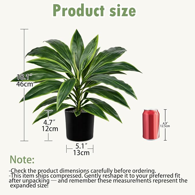 Oairse Artificial Plants Indoor with Pot, 18.1" Fake Potted Plants Medium Artificial Dracaena Plant in Black Pot Faux Tropical Plants for Bathroom Living Room Office Desk Shelf Decor