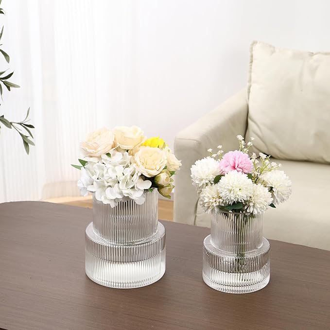 Ribbed Glass Vases for Bouquet, Set of 2 Fluted Vases for Flowers, Clear Vase for Tulips, Modern Glass Vase for Living Room, Office, Coffe Table, Dining Table, Shelf, Wedding