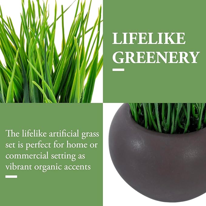 MyGift 7 Inch Tall Modern Mini Artificial Grass Plants in Small Round Brown Ceramic Pots, Decorative Tabletop Faux Greenery Indoor Home Decor, Set of 3