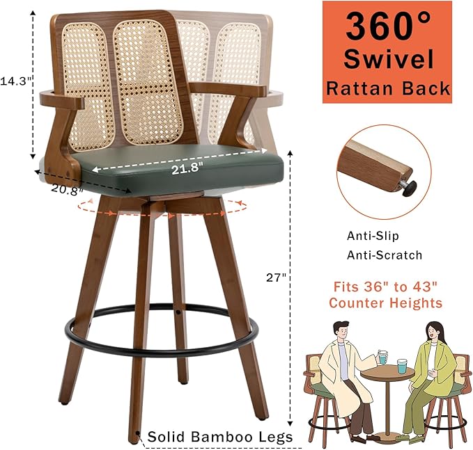 Set of 1 Bar Stool - 27 inch Swivel Rattan bar Stool with Cane Back, Curved Arms, Upholstered Seat, Adjustable Bamboo Legs, Kitchen Bar Chairs for Counter/Kitchen/Island (Walnut Green)