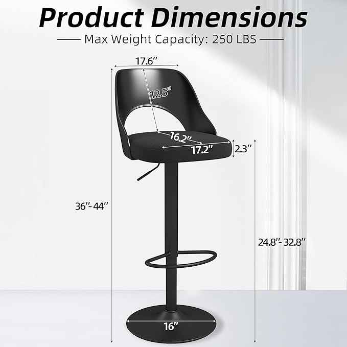 civama Bar Stools Set of 2 for Kitchen Counter, Seat Height Adjustable 25''-33'', Modern Upholstered Swivel Island Chairs with Hollow Backrest Metal Base, Black