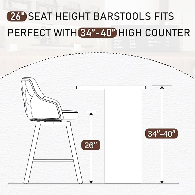 Bar Stools Set of 4, 26" Swivel Counter Height Bar Stools with High Back, Faux Leather Kitchen Barstools Counter Height for Kitchen Island (Dark Brown, 4PCS 26" Counter Stools)