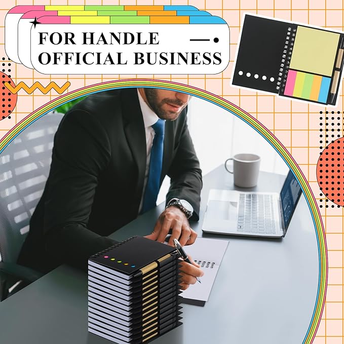 Qilery 10 Pack Lined Spiral Notebook Small Notepad and Pen Set Steno Pads Lined Notepad Black Pocket Notebook for Business Office School Supplies