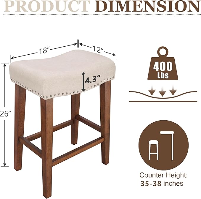 PrimeZone Counter Height Bar Stools Set of 8 - Backless Saddle Barstools with 4.3" Thick Upholstered, Nailhead Trim Linen Fabric & Solid Wood Legs, 26 Inch Counter Stools for Kitchen Island, Beige