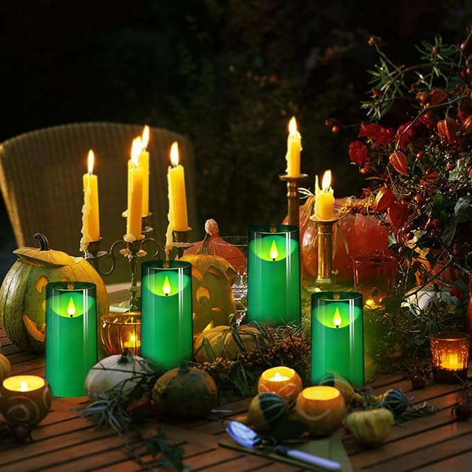 NURADA 3"x6"Flickering Flameless Candles: 3D Wick Acrylic Battery Operated LED Pillar Candles with Remote and Timer for St. Patrick's Day Home Holiday Forest Christmas Party Table Decor - Green