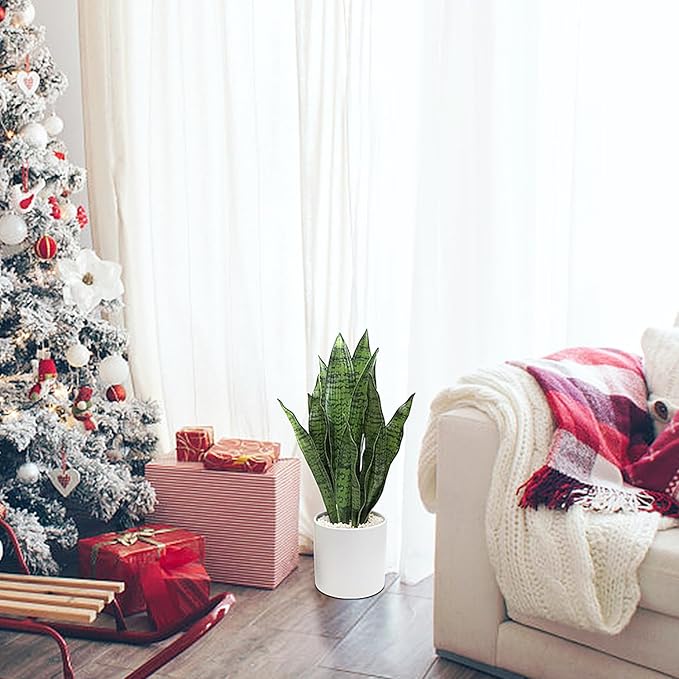 Artificial Snake Plant Set of 2, 18" Faux Snake Plant with Pure White Ceramic Pots, Fake Sansevieria for Home Decor Indoor, Office, Living Room, Housewarming Gifts