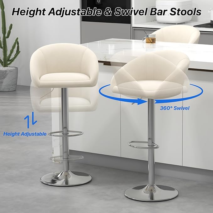 KCC Velvet Bar Stools Set of 2, Counter Height Bar Stools with Low Back, Swivel Barstool for Kitchen Island, Bar Pub (Begie)