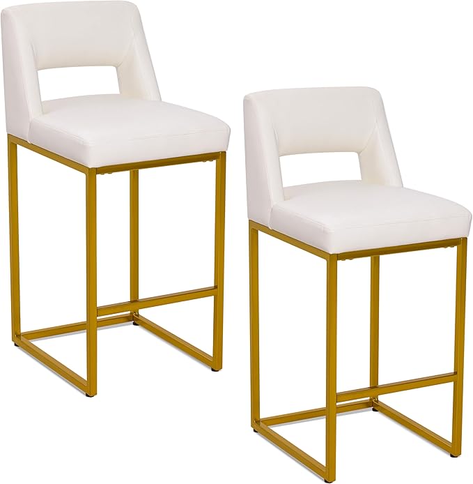White and Gold Counter Height Bar Stools Set of 2 for Kitchen Counter Modern Bar Chairs with Backs for Kitchen Island with Upholstered Faux Leather Seat and Metal Frame, 26 Inch