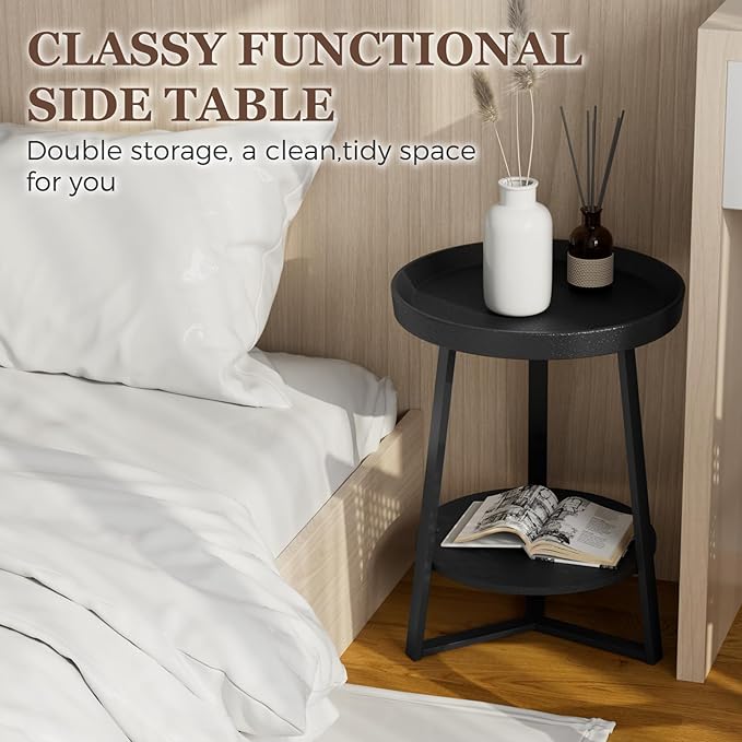 Gadroad Round End Table with Storage Shelf, 2 Tier Farmhouse Side Table Nightstand for Living Room, Bedroom, Wood Tabletop & Black Metal Frame, Black 15.7 * 15.7 * 23.0inches