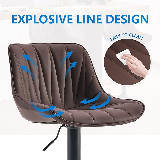 YOUNIKE Bar Stools Set of 2, Faux Leather Padded Bar Stool Counter Height Swivel Bar Chairs, Adjustable Barstools with Back for Kitchen Island, Modern Tall Bar Stools with 300LBS Support, Brown